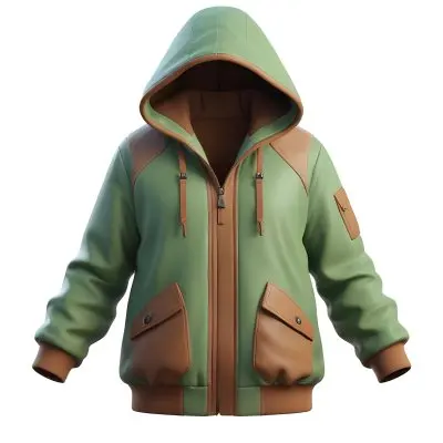3d Model A Stylized Cartoonish Jacket With A Green Body And Brown Accents It Features A Large Hood Lined With A Soft Material Two Front Pockets And Zipper Closures The Sleeves Have A Brown Cuff Detail Giving It A C 3 0d29
