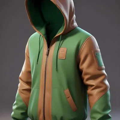 3d Model A Stylized Cartoonish Jacket With A Green Body And Brown Accents It Features A Large Hood Lined With A Soft Material Two Front Pockets And Zipper Closures The Sleeves Have A Brown Cuff Detail Giving It A C 4 1712