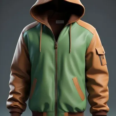 3d Model A Stylized Cartoonish Jacket With A Green Body And Brown Accents It Features A Large Hood Lined With A Soft Material Two Front Pockets And Zipper Closures The Sleeves Have A Brown Cuff Detail Giving It A C 5 Eb12