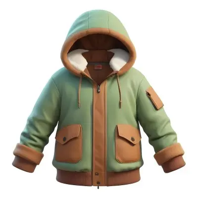 3d Model A Stylized Cartoonish Jacket With A Green Body And Brown Accents It Features A Large Hood Lined With A Soft Material Two Front Pockets And Zipper Closures The Sleeves Have A Brown Cuff Detail Giving It A C 6 1cd8
