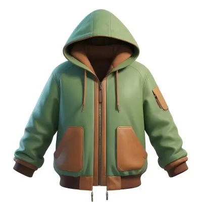 3d Model A Stylized Cartoonish Jacket With A Green Body And Brown Accents It Features A Large Hood Lined With A Soft Material Two Front Pockets And Zipper Closures The Sleeves Have A Brown Cuff Detail Giving It A C 7 Dfb5