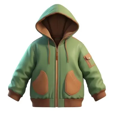 3d Model A Stylized Cartoonish Jacket With A Green Body And Brown Accents It Features A Large Hood Lined With A Soft Material Two Front Pockets And Zipper Closures The Sleeves Have A Brown Cuff Detail Giving It A C 8 92e5