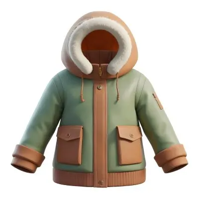 3d Model A Stylized Cartoonish Jacket With A Green Body And Brown Accents It Features A Large Hood Lined With A Soft Material Two Front Pockets And Zipper Closures The Sleeves Have A Brown Cuff Detail Giving It A C 9 Be40