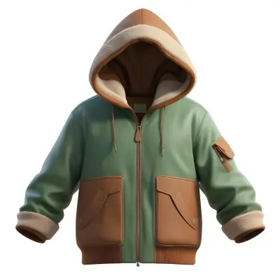 3d Model A Stylized Cartoonish Jacket With A Green Body And Brown Accents It Features A Large Hood Lined With A Soft Material Two Front Pockets And Zipper Closures The Sleeves Have A Brown Cuff Detail Giving It A Coz 1 47bd