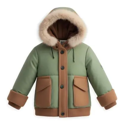 3d Model A Stylized Cartoonish Jacket With A Green Body And Brown Accents The Jacket Features A Hood Lined With A Fluffy Material Two Front Pockets And Buttons Along The Front The Sleeves Have A Brown Cuff Giving I 12 De0e