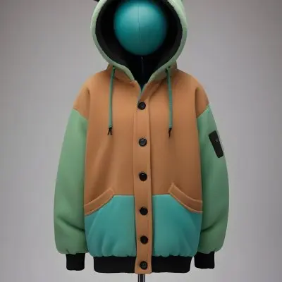 3d Model A Stylized Cartoonish Jacket With A Green Body And Brown Accents The Jacket Features A Hood Lined With A Fluffy Material Two Front Pockets And Buttons Along The Front The Sleeves Have A Brown Cuff Giving I 4 7e9b