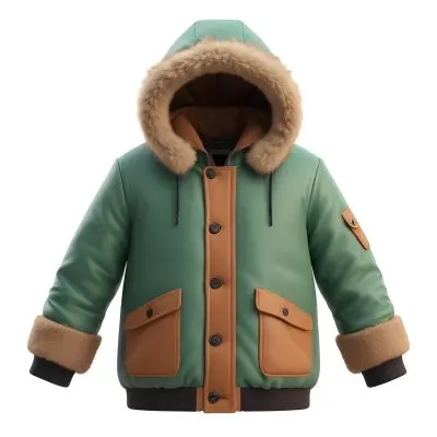 3d Model A Stylized Cartoonish Jacket With A Green Body And Brown Accents The Jacket Features A Hood Lined With A Fluffy Material Two Front Pockets And Buttons Along The Front The Sleeves Have A Brown Cuff Giving I 59 09cf