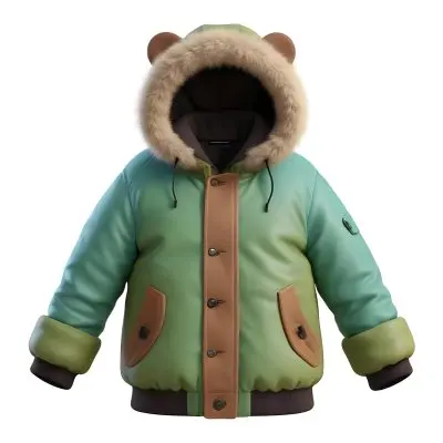 3d Model A Stylized Cartoonish Jacket With A Green Body And Brown Accents The Jacket Features A Hood Lined With A Fluffy Material Two Front Pockets And Buttons Along The Front The Sleeves Have A Brown Cuff Giving I 68 F11f