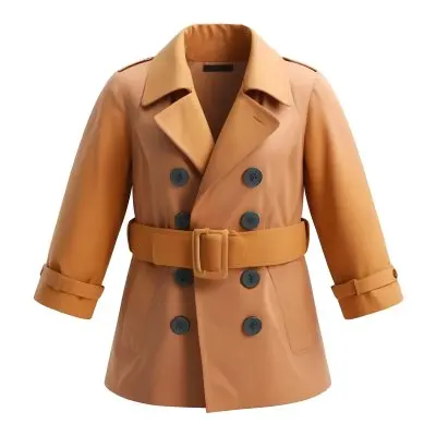 3d Model A Stylized Cartoonish Trench Coat In A Warm Orange Color Featuring A Double Breasted Design With Dark Buttons And A Wide Belt Around The Waist The Coat Has A Classic Collar And Rolled Up Sleeves Giving It A 16 D27e
