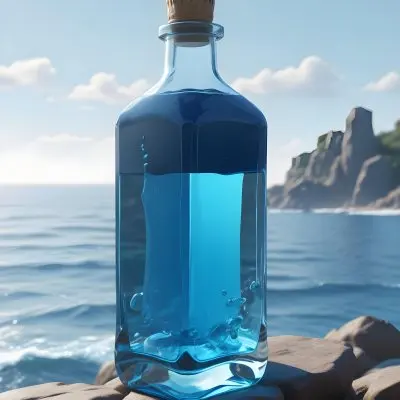 3d Model A Transparent Square Bottle With Blue Liquid And A Transparent Dispenser On A Rock Ocean Background Figure Octane Render Volumetric Highly Detailed Videogame Aesthetic 12 0012