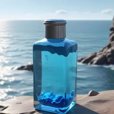 3d Model A Transparent Square Bottle With Blue Liquid And A Transparent Dispenser On A Rock Ocean Background Figure Octane Render Volumetric Highly Detailed Videogame Aesthetic 13 882c