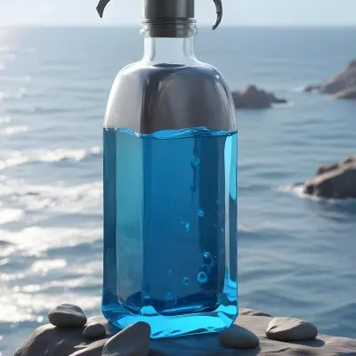 3d Model A Transparent Square Bottle With Blue Liquid And A Transparent Dispenser On A Rock Ocean Background Figure Octane Render Volumetric Highly Detailed Videogame Aesthetic 14 9e5a