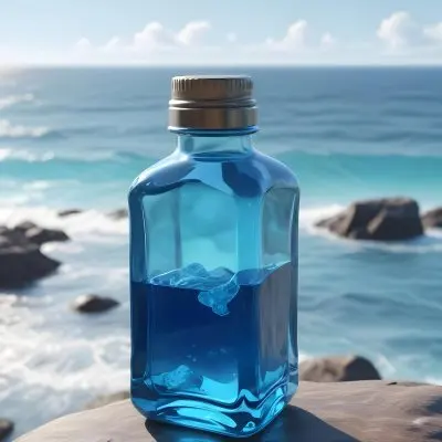 3d Model A Transparent Square Bottle With Blue Liquid And A Transparent Dispenser On A Rock Ocean Background Figure Octane Render Volumetric Highly Detailed Videogame Aesthetic 23 6129