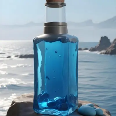 3d Model A Transparent Square Bottle With Blue Liquid And A Transparent Dispenser On A Rock Ocean Background Figure Octane Render Volumetric Highly Detailed Videogame Aesthetic 28 30a3