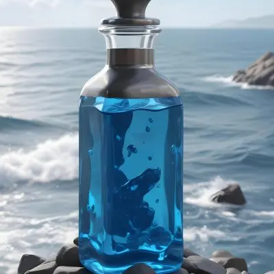 3d Model A Transparent Square Bottle With Blue Liquid And A Transparent Dispenser On A Rock Ocean Background Figure Octane Render Volumetric Highly Detailed Videogame Aesthetic 32 3021