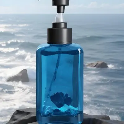 3d Model A Transparent Square Bottle With Blue Liquid And A Transparent Dispenser On A Rock Ocean Background Figure Octane Render Volumetric Highly Detailed Videogame Aesthetic 33 8ffa
