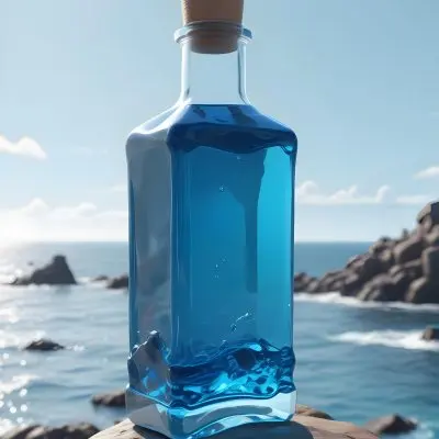 3d Model A Transparent Square Bottle With Blue Liquid And A Transparent Dispenser On A Rock Ocean Background Figure Octane Render Volumetric Highly Detailed Videogame Aesthetic 35 03be