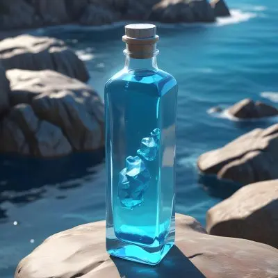 3d Model A Transparent Square Bottle With Blue Liquid And A Transparent Dispenser On A Rock Ocean Background Figure Octane Render Volumetric Highly Detailed Videogame Aesthetic 7 F1c0