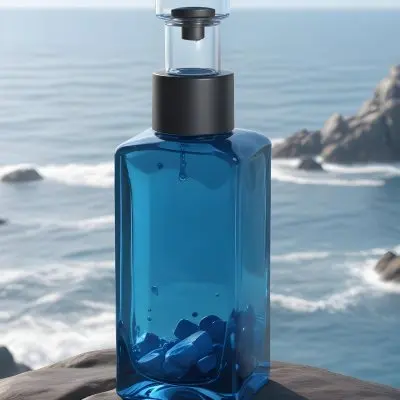 3d Model A Transparent Square Bottle With Blue Liquid And A Transparent Dispenser On A Rock Ocean Background Figure Octane Render Volumetric Highly Detailed Videogame Aesthetic 9 4e51