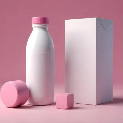 3d Model A White Bottle With A Pink Cap Next To A White Box On A Pink Surface With A White Background Figure Octane Render Volumetric Highly Detailed Videogame Aesthetic 20 57b1