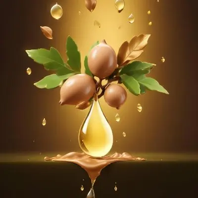 3d Model Argan Leaves With Brown Leaves And A Drop Of Oil Falling Golden Light Green Background Product Advertisement Luxury Shiny Figure Octane Render Volumetric Highly Detailed Videogame Aesthetic 14 Edad