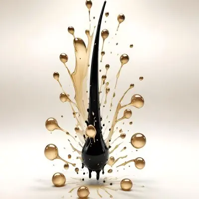 3d Model Black Hair Strand With Oil Drops Around It The Background Is A Gradient Of White And Beige Figure Octane Render Volumetric Highly Detailed Videogame Aesthetic 15 Ae22