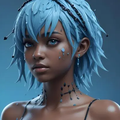 3d Model Blue Hairs With Water Drops And Black Arrows Over A Black Skin With Cells In A Light Blue Background Figure Octane Render Volumetric Highly Detailed Videogame Aesthetic 11 D384