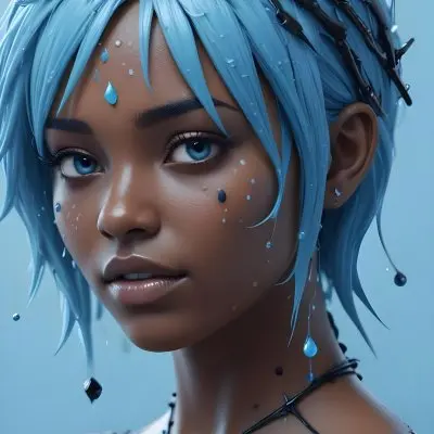 3d Model Blue Hairs With Water Drops And Black Arrows Over A Black Skin With Cells In A Light Blue Background Figure Octane Render Volumetric Highly Detailed Videogame Aesthetic 41 1828