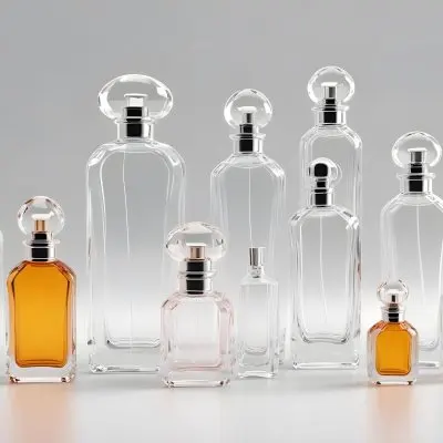 3d Model Collection Of Perfume Bottles Of Different Shapes And Sizes Made Of Transparent Glass With White Caps On A White Background Figure Octane Render Volumetric Highly Detailed Videogame Aesthetic 2 0976