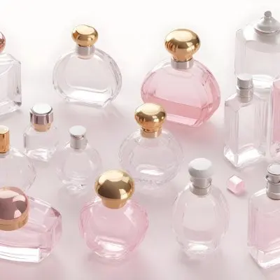 3d Model Collection Of Perfume Bottles Of Different Shapes And Sizes Made Of Transparent Glass With White Caps On A White Background Figure Octane Render Volumetric Highly Detailed Videogame Aesthetic 26 21e8