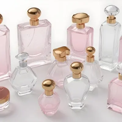 3d Model Collection Of Perfume Bottles Of Different Shapes And Sizes Made Of Transparent Glass With White Caps On A White Background Figure Octane Render Volumetric Highly Detailed Videogame Aesthetic 27 Aa77