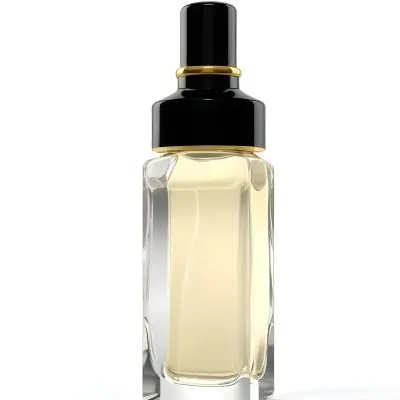 3d Model Perfume Bottle With A Gold Cap And White Accents Transparent Glass Liquid Inside Simple Black Background Figure Octane Render Volumetric Highly Detailed Videogame Aesthetic 1 0869