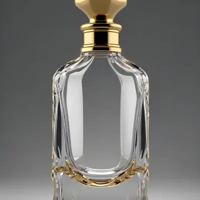 3d Model Perfume Bottle With A Gold Cap And White Accents Transparent Glass Liquid Inside Simple Black Background Figure Octane Render Volumetric Highly Detailed Videogame Aesthetic 32 C5d3