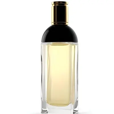3d Model Perfume Bottle With A Gold Cap And White Accents Transparent Glass Liquid Inside Simple Black Background Figure Octane Render Volumetric Highly Detailed Videogame Aesthetic 34 3496