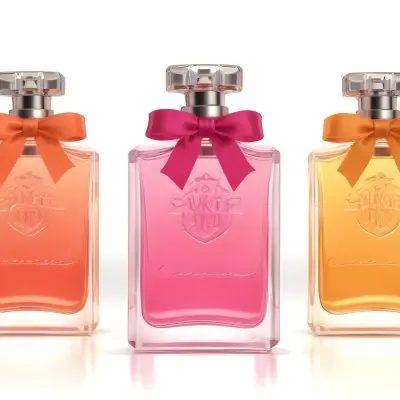 3d Model Three Perfume Bottles With Different Colors And A Ribbon On Top The Background Is White Figure Octane Render Volumetric Highly Detailed Videogame Aesthetic 16 3985 0efc
