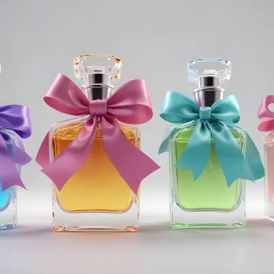 3d Model Three Perfume Bottles With Different Colors And A Ribbon On Top The Background Is White Figure Octane Render Volumetric Highly Detailed Videogame Aesthetic 20 801a