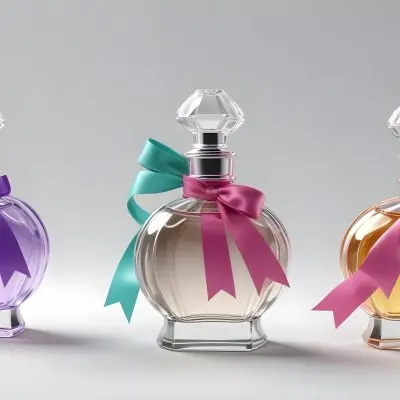 3d Model Three Perfume Bottles With Different Colors And A Ribbon On Top The Background Is White Figure Octane Render Volumetric Highly Detailed Videogame Aesthetic 24 B512