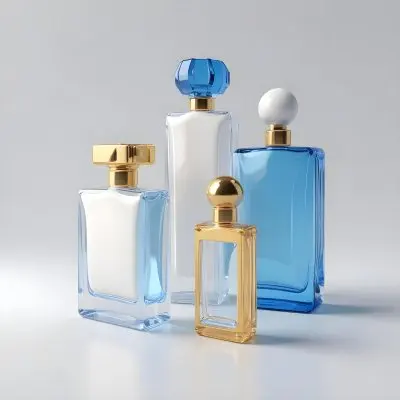 3d Model Two Perfume Bottles One White And Round The Other Blue And Rectangular Both With Golden Caps On A White Background Figure Octane Render Volumetric Highly Detailed Videogame Aesthetic 26 C507