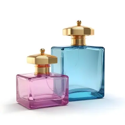 3d Model Two Perfume Bottles One White And Round The Other Blue And Rectangular Both With Golden Caps On A White Background Figure Octane Render Volumetric Highly Detailed Videogame Aesthetic 27 A5ea