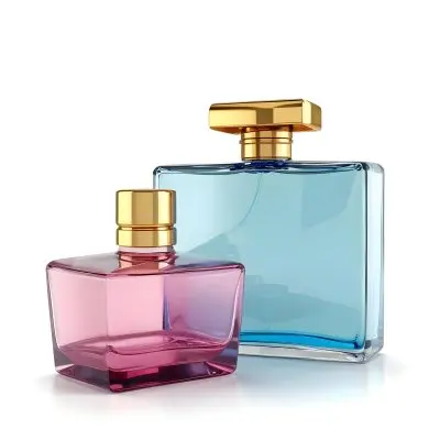 3d Model Two Perfume Bottles One White And Round The Other Blue And Rectangular Both With Golden Caps On A White Background Figure Octane Render Volumetric Highly Detailed Videogame Aesthetic 6 0ff7
