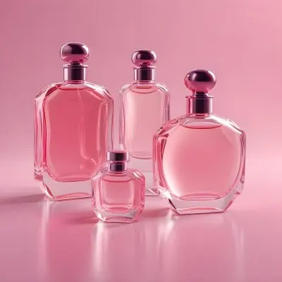 3d Model Two Perfume Bottles With Pink Liquid And A Cap On A Reflective Surface Soft Pink Background Figure Octane Render Volumetric Highly Detailed Videogame Aesthetic 13 Db22