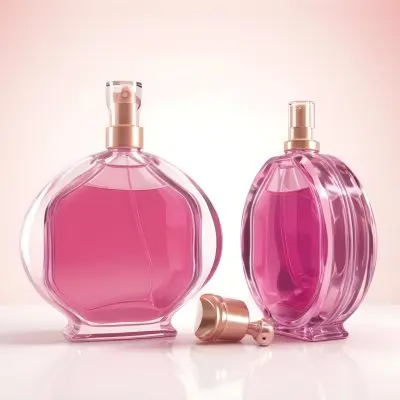 3d Model Two Perfume Bottles With Pink Liquid And A Cap On A Reflective Surface Soft Pink Background Figure Octane Render Volumetric Highly Detailed Videogame Aesthetic 2 5352