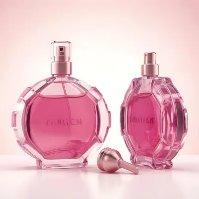 3d Model Two Perfume Bottles With Pink Liquid And A Cap On A Reflective Surface Soft Pink Background Figure Octane Render Volumetric Highly Detailed Videogame Aesthetic 34 5383