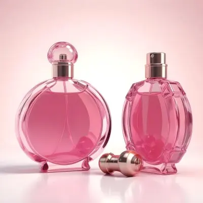 3d Model Two Perfume Bottles With Pink Liquid And A Cap On A Reflective Surface Soft Pink Background Figure Octane Render Volumetric Highly Detailed Videogame Aesthetic 37 1217