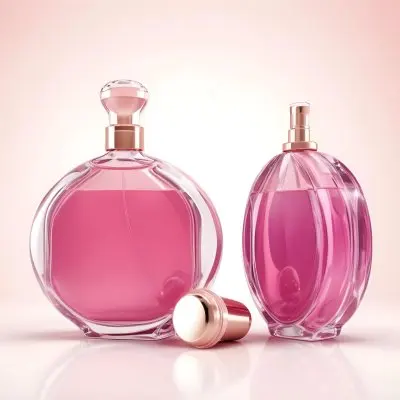 3d Model Two Perfume Bottles With Pink Liquid And A Cap On A Reflective Surface Soft Pink Background Figure Octane Render Volumetric Highly Detailed Videogame Aesthetic 41 Fcc4
