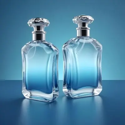3d Model Two Perfume Bottles With Silver Caps One Tilted Filled With Clear Liquid On A Gradient Blue Background Figure Octane Render Volumetric Highly Detailed Videogame Aesthetic 35 18b0
