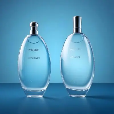 3d Model Two Perfume Bottles With Silver Caps One Tilted Filled With Clear Liquid On A Gradient Blue Background Figure Octane Render Volumetric Highly Detailed Videogame Aesthetic 4 Dea2