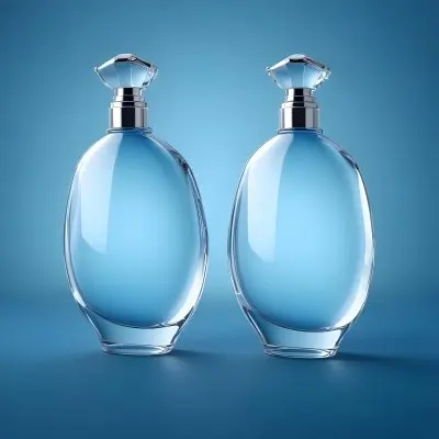 3d Model Two Perfume Bottles With Silver Caps One Tilted Filled With Clear Liquid On A Gradient Blue Background Figure Octane Render Volumetric Highly Detailed Videogame Aesthetic 46 7f51
