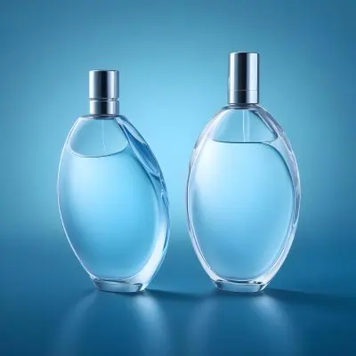 3d Model Two Perfume Bottles With Silver Caps One Tilted Filled With Clear Liquid On A Gradient Blue Background Figure Octane Render Volumetric Highly Detailed Videogame Aesthetic 60 Ab01