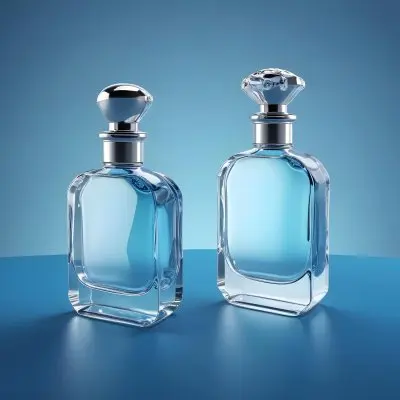 3d Model Two Perfume Bottles With Silver Caps One Tilted Filled With Clear Liquid On A Gradient Blue Background Figure Octane Render Volumetric Highly Detailed Videogame Aesthetic 63 6511